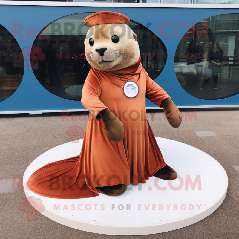 Rust Sea Lion mascot costume character dressed with a Circle Skirt and Lapel pins