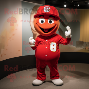 Red Goulash mascot costume character dressed with a Baseball Tee and Hats