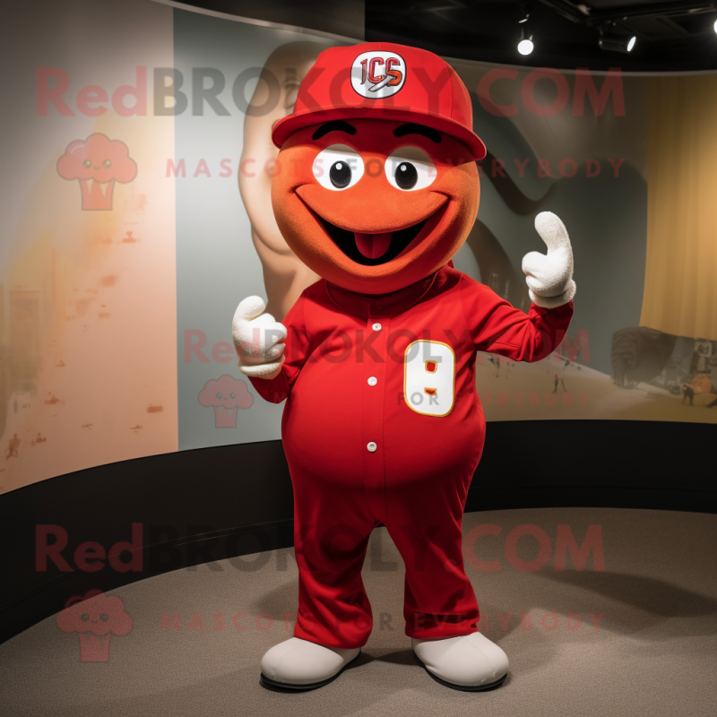 Red Goulash mascot costume character dressed with a Baseball Tee and Hats Red Goulash mascot costume character dressed with a Baseball Tee and Hats