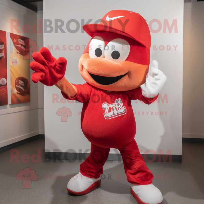 Red Goulash mascot costume character dressed with a Baseball Tee and Hats