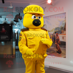 Yellow Soldier mascot costume character dressed with a Turtleneck and Hair clips