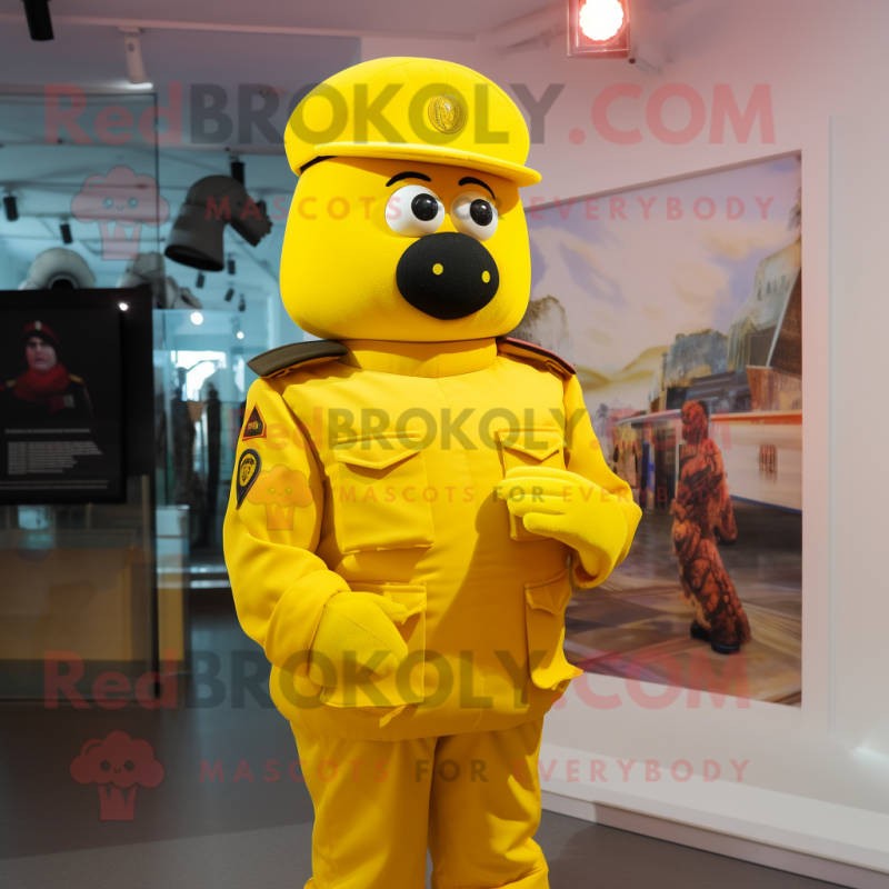 Yellow Soldier mascot costume character dressed with a Turtleneck and Hair clips