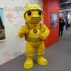 Yellow Soldier mascot costume character dressed with a Turtleneck and Hair clips