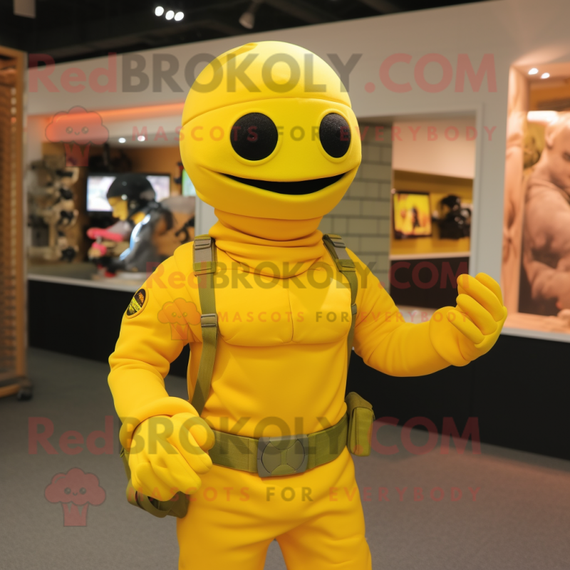 Yellow Soldier mascot costume character dressed with a Turtleneck and Hair clips