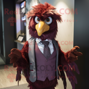 Maroon Harpy mascot costume character dressed with a Waistcoat and Tie pins