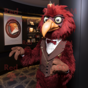 Maroon Harpy mascot costume character dressed with a Waistcoat and Tie pins