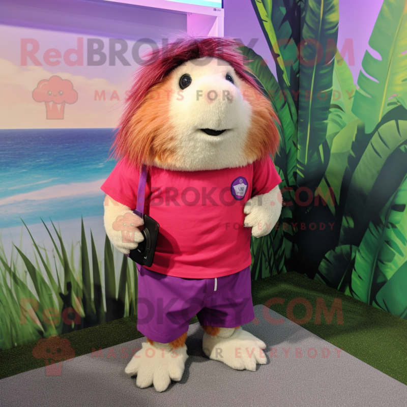 Magenta Guinea Pig mascot costume character dressed with a Bermuda Shorts and Cufflinks Magenta Guinea Pig mascot costume character dressed with a Bermuda Shorts and Cufflinks