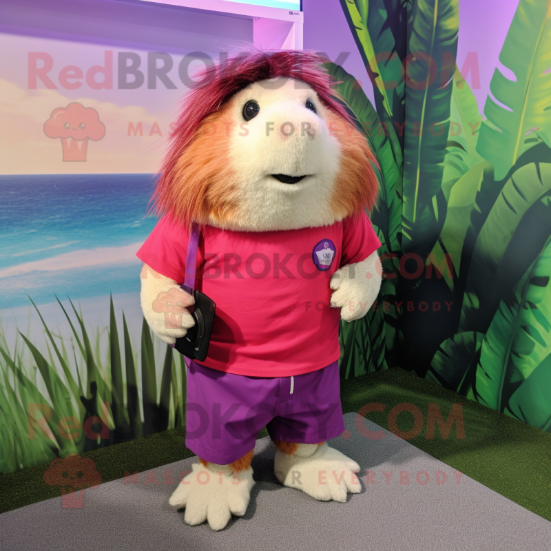 Magenta Guinea Pig mascot costume character dressed with a Bermuda Shorts and Cufflinks