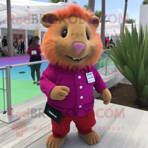 Magenta Guinea Pig mascot costume character dressed with a Bermuda Shorts and Cufflinks