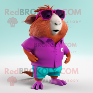 Magenta Guinea Pig mascot costume character dressed with a Bermuda Shorts and Cufflinks