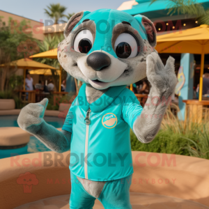 Turquoise Meerkat mascot costume character dressed with a Bikini and Gloves