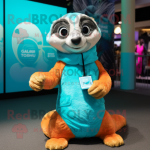 Turquoise Meerkat mascot costume character dressed with a Bikini and Gloves