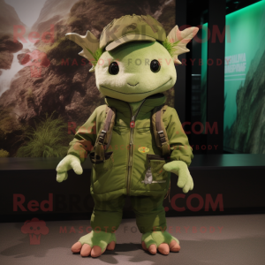 Green Axolotls mascot costume character dressed with a Parka and Gloves