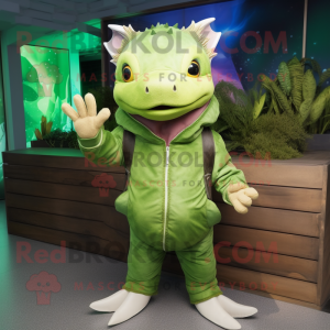 Green Axolotls mascot costume character dressed with a Parka and Gloves