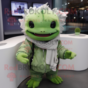 Green Axolotls mascot costume character dressed with a Parka and Gloves