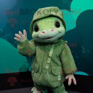 Green Axolotls mascot costume character dressed with a Parka and Gloves