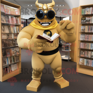 Gold Strongman mascot costume character dressed with a Turtleneck and Reading glasses