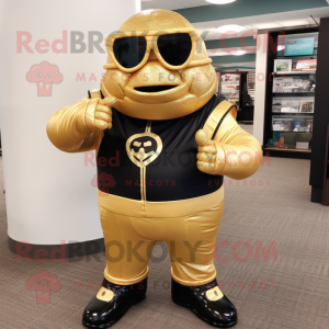 Gold Strongman mascot costume character dressed with a Turtleneck and Reading glasses