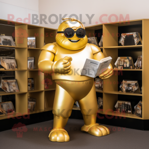 Gold Strongman mascot costume character dressed with a Turtleneck and Reading glasses