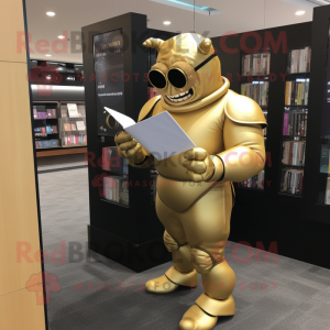 Gold Strongman mascot costume character dressed with a Turtleneck and Reading glasses