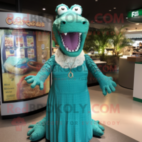 Teal Crocodile mascot costume character dressed with a Maxi Dress and Brooches