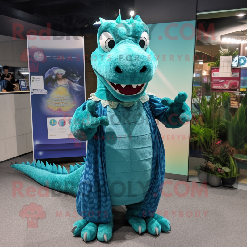 Teal Crocodile mascot costume character dressed with a Maxi Dress and Brooches