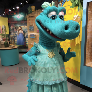 Teal Crocodile mascot costume character dressed with a Maxi Dress and Brooches