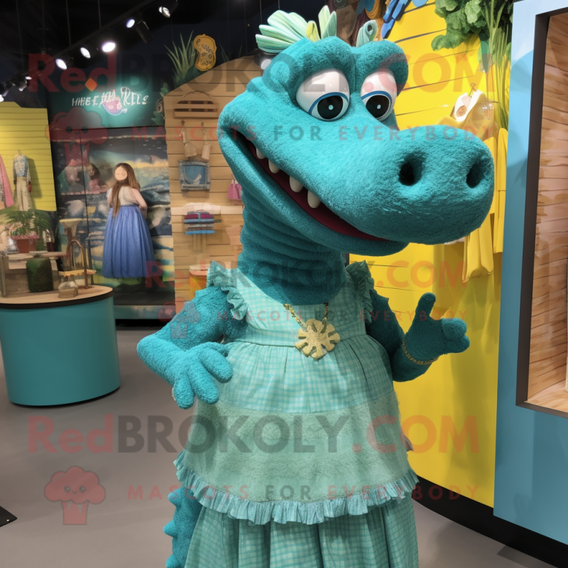 Teal Crocodile mascot costume character dressed with a Maxi Dress and Brooches Teal Crocodile mascot costume character dressed with a Maxi Dress and Brooches