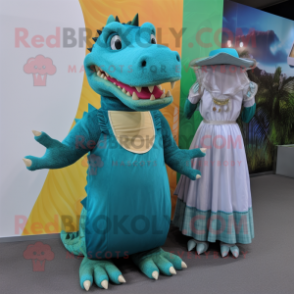Teal Crocodile mascot costume character dressed with a Maxi Dress and Brooches