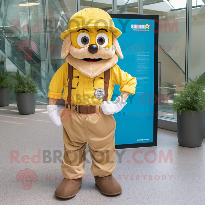 Gold Chief mascot costume character dressed with a Overalls and Pocket squares Gold Chief mascot costume character dressed with a Overalls and Pocket squares