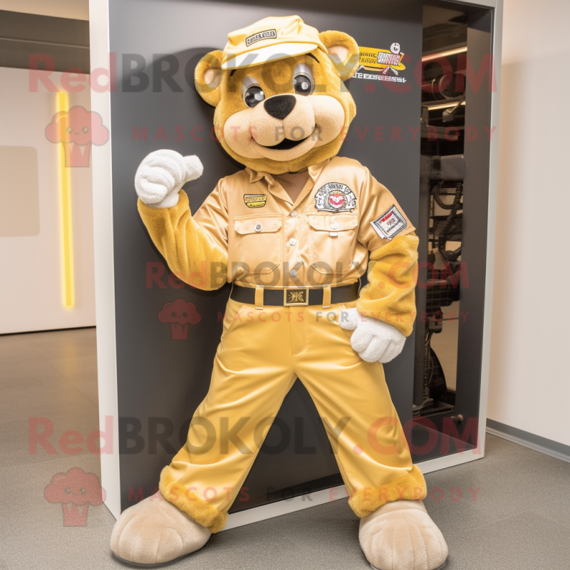 Gold Chief mascot costume character dressed with a Overalls and Pocket squares Gold Chief mascot costume character dressed with a Overalls and Pocket squares