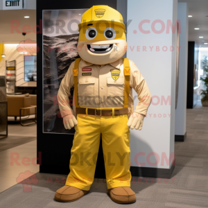 Gold Chief mascot costume character dressed with a Overalls and Pocket squares