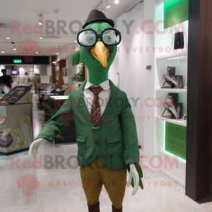Green Pheasant mascot costume character dressed with a Dress Shirt and Eyeglasses