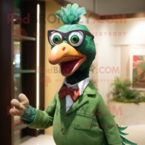 Green Pheasant mascot costume character dressed with a Dress Shirt and Eyeglasses