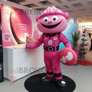 Pink Rugby Ball mascot costume character dressed with a Jumpsuit and Rings