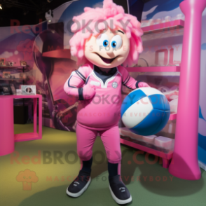 Pink Rugby Ball mascot costume character dressed with a Jumpsuit and Rings