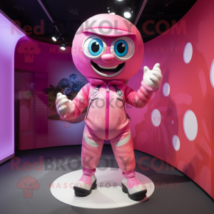 Pink Rugby Ball mascot costume character dressed with a Jumpsuit and Rings