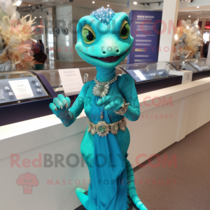 Teal Geckos mascot costume character dressed with a Ball Gown and Bracelet watches