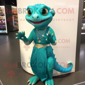 Teal Geckos mascot costume character dressed with a Ball Gown and Bracelet watches