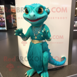 Teal Geckos mascot costume character dressed with a Ball Gown and Bracelet watches