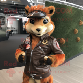 Rust Squirrel mascot costume character dressed with a Moto Jacket and Brooches