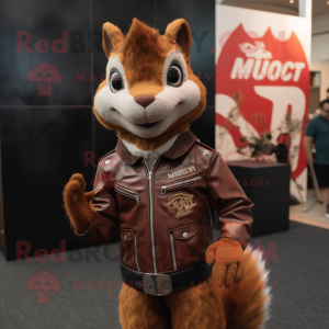 Rust Squirrel mascot costume character dressed with a Moto Jacket and Brooches