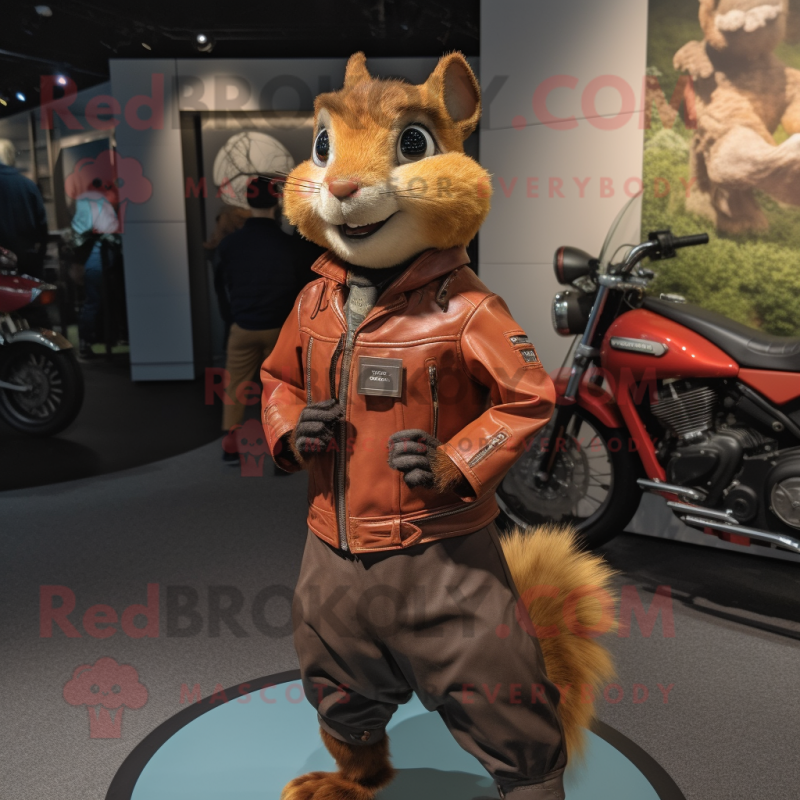 Rust Squirrel mascot costume character dressed with a Moto Jacket and Brooches