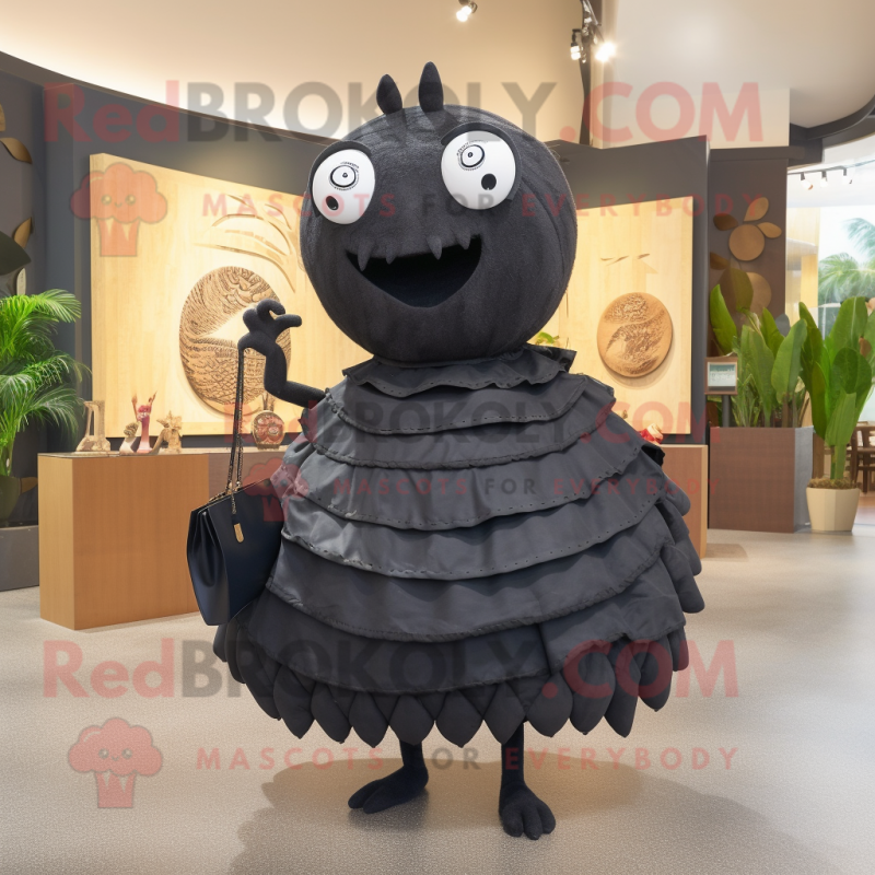 Black Trilobite mascot costume character dressed with a Circle Skirt and Handbags Black Trilobite mascot costume character dressed with a Circle Skirt and Handbags