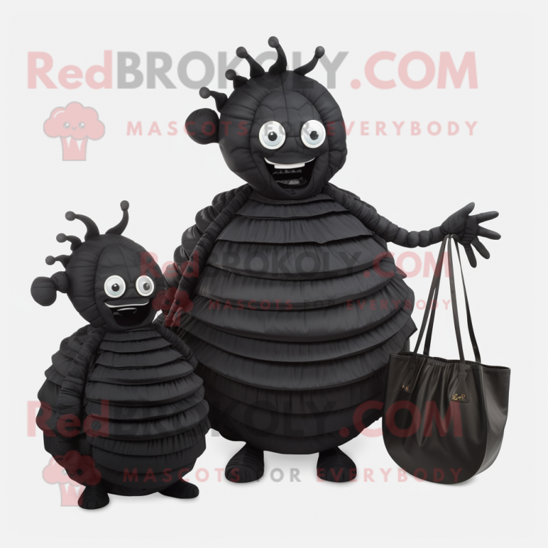 Black Trilobite mascot costume character dressed with a Circle Skirt and Handbags Black Trilobite mascot costume character dressed with a Circle Skirt and Handbags