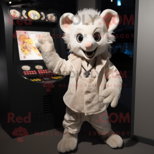 Cream Aye-Aye mascot costume character dressed with a Vest and Coin purses