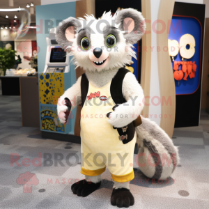 Cream Aye-Aye mascot costume character dressed with a Vest and Coin purses