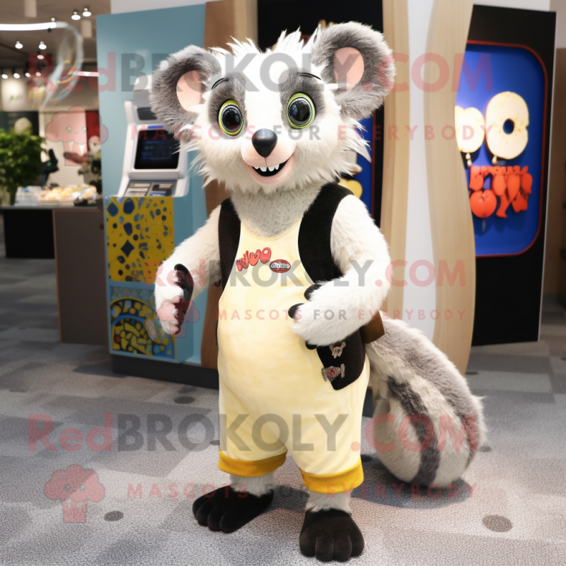 Cream Aye-Aye mascot costume character dressed with a Vest and Coin purses Cream Aye-Aye mascot costume character dressed with a Vest and Coin purses