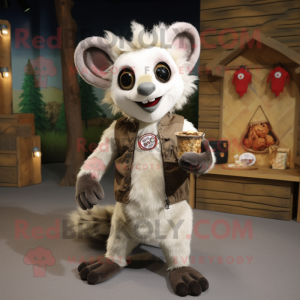 Cream Aye-Aye mascot costume character dressed with a Vest and Coin purses