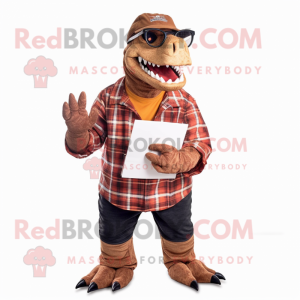 Rust T Rex mascot costume character dressed with a Flannel Shirt and Reading glasses